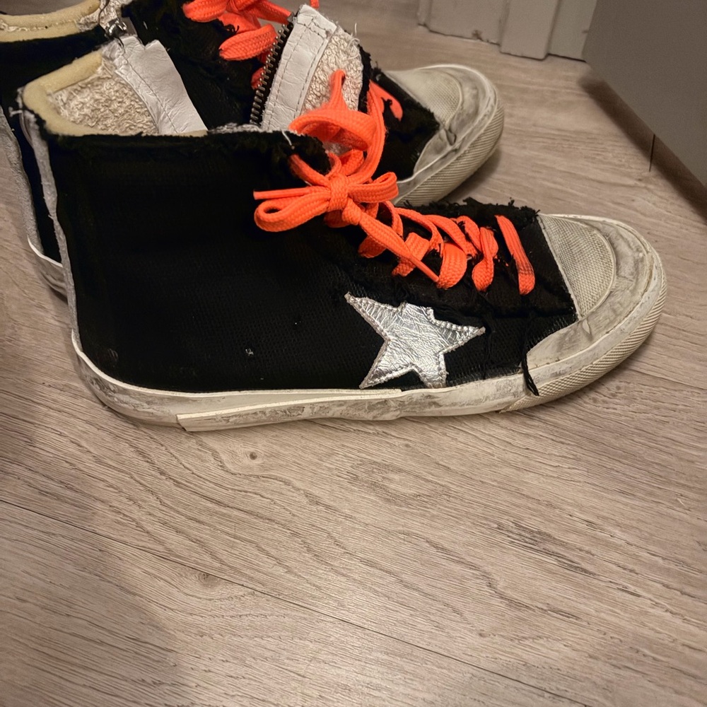 Golden Goose Black and Silver Sneakers with Orange Laces